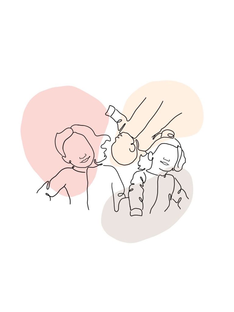 vonalrajz három kisgyerekről szívecskét formázva, háttérben buborékokkal