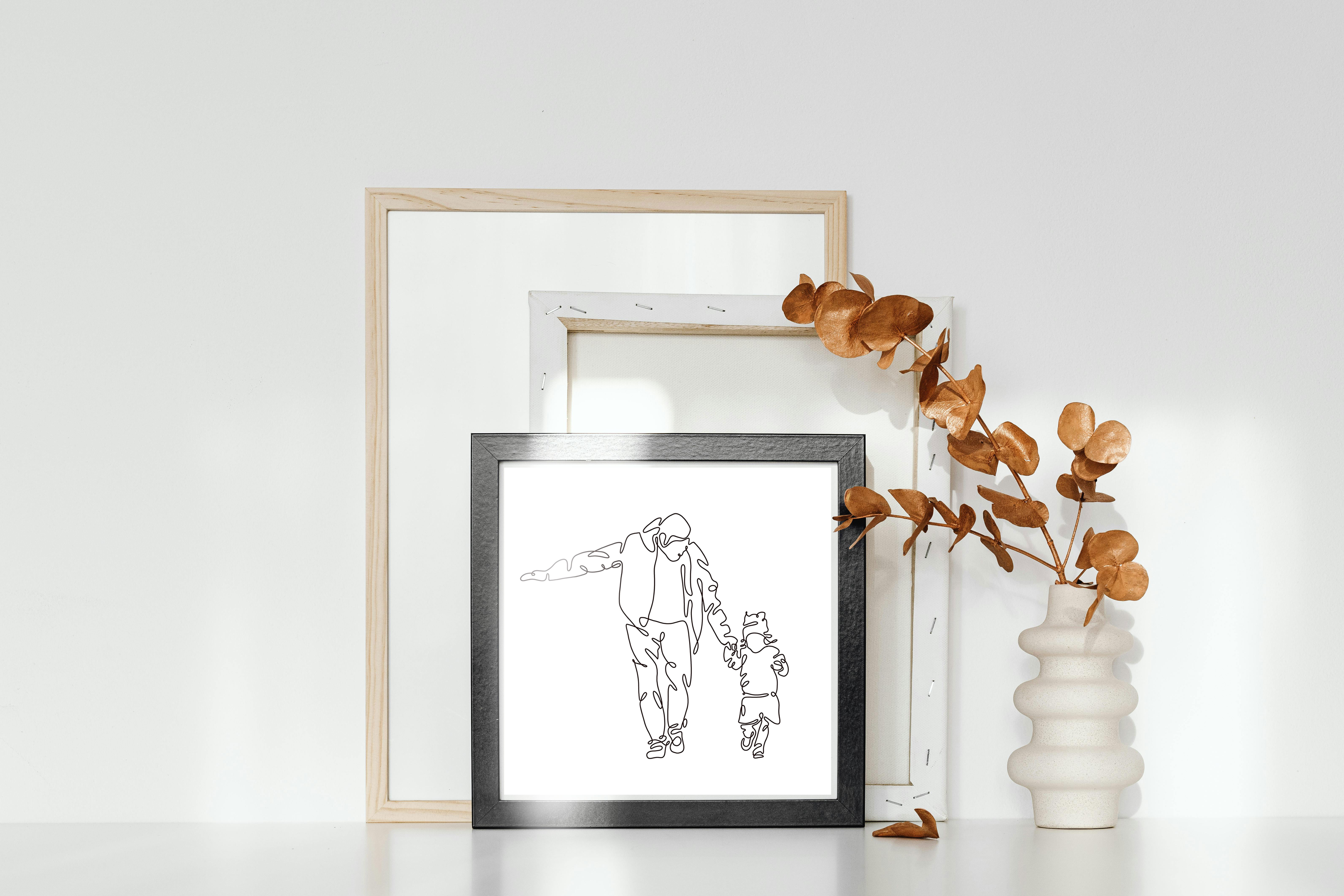 Művészi, egyvonalas vonalrajz apáról és lányáról, ahogy kézen fogva futnak. 