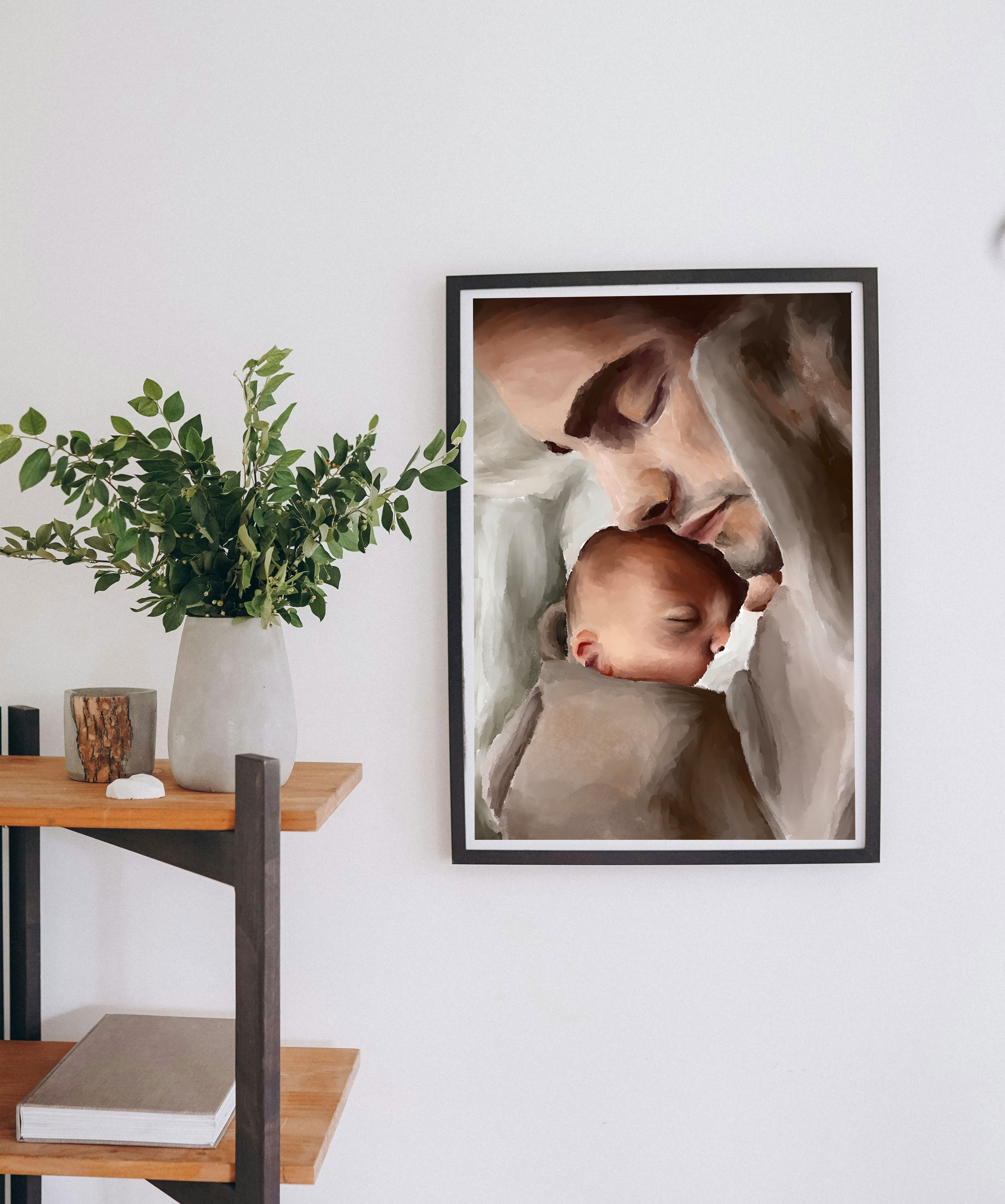 Digitális festmény apa és fia meghitt pillanatáról, pókrócok között összebújva, békés arccal álomba merülve. A kisbaba apja mellkasán pihen, apa vigyázóan bújik hozzá.